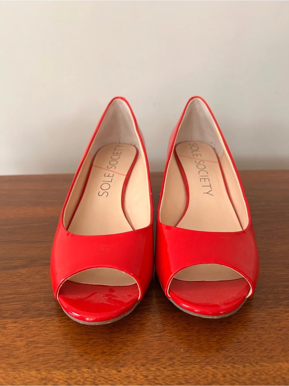 Sole Society Red Patent Peep-Toe Wedge Pumps